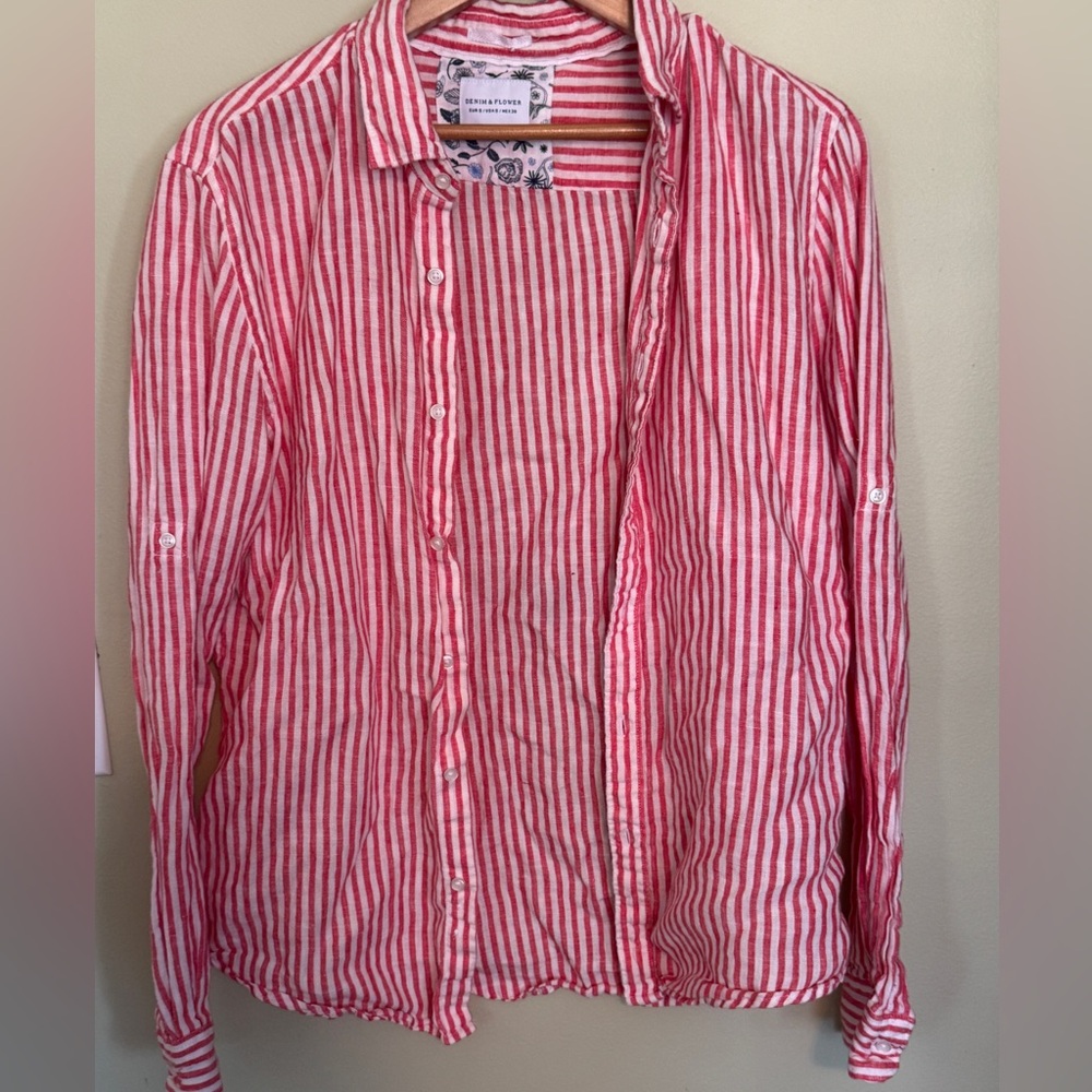 Denim &Flower Red and White Striped Button-Up Linen Shirt